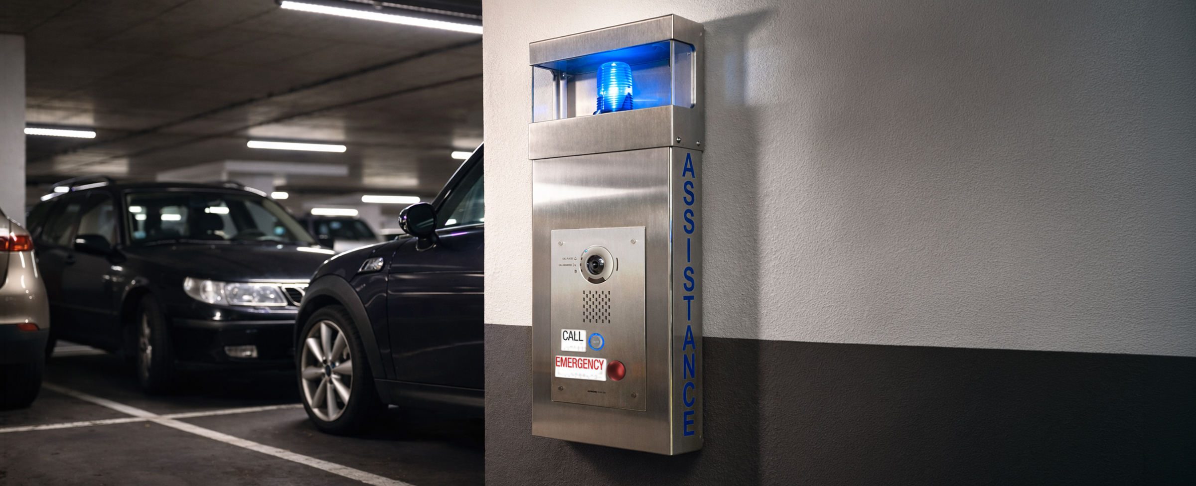 An Aiphone emergency call box in parking lots and garages