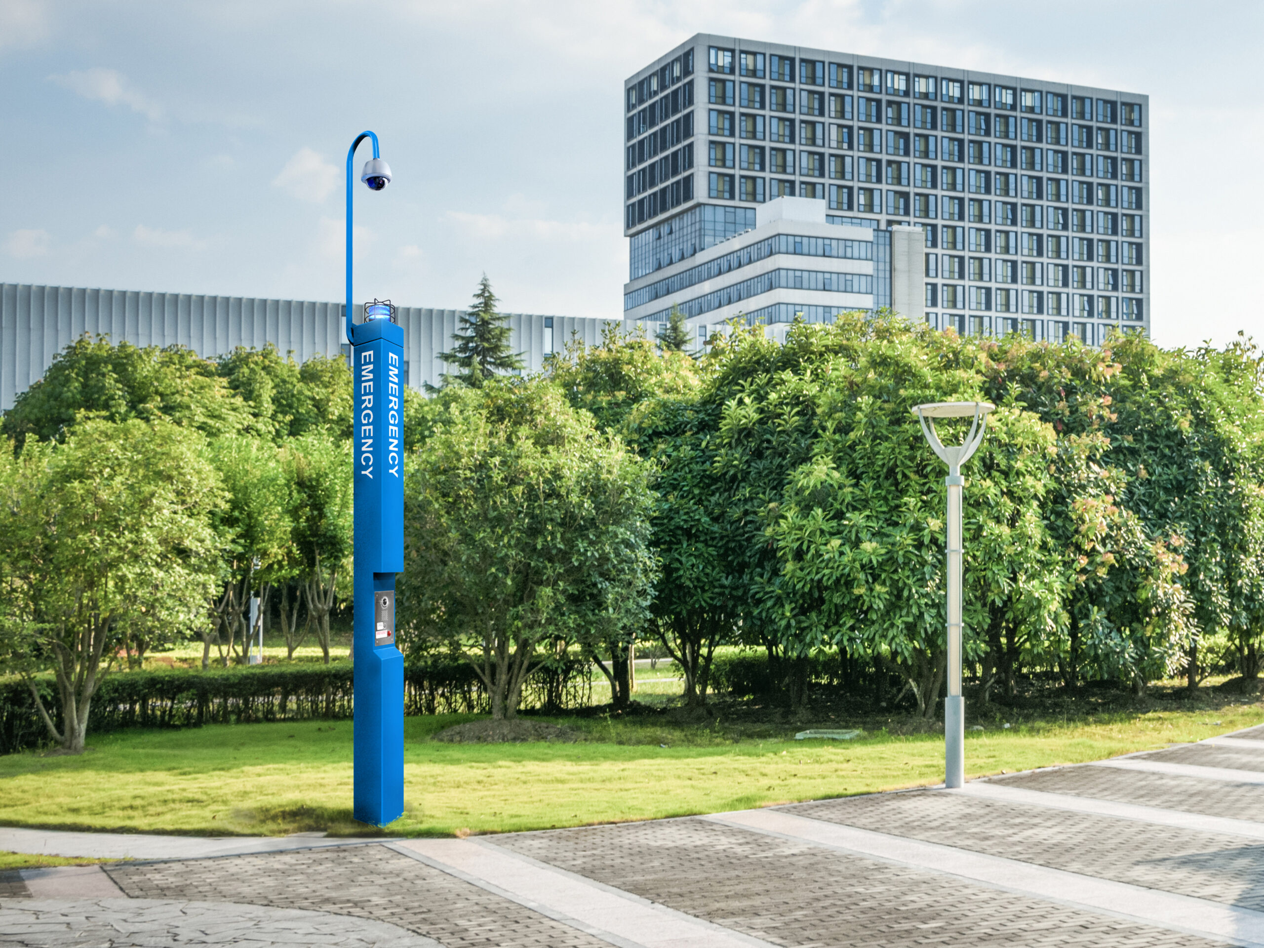 blue light emergency towers provide perimeter protection for your campus