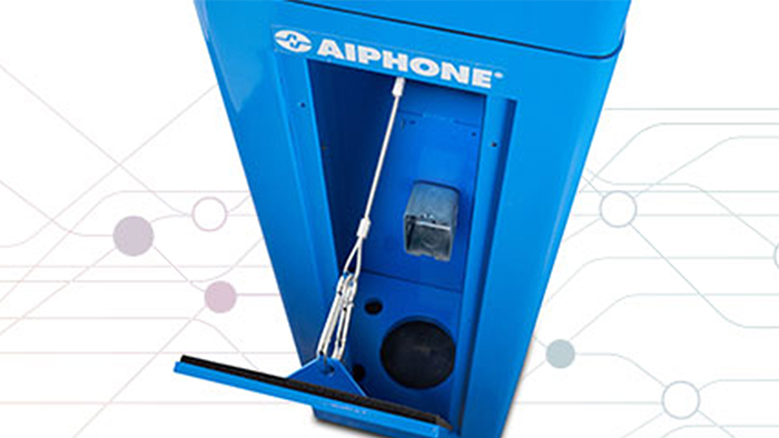 Image shower a segment of a blue Aiphone modular emergency solution tower with the rear access panel open, showing the UL listed electrical box inside and the mounting studs for accessories such as a power supply.
