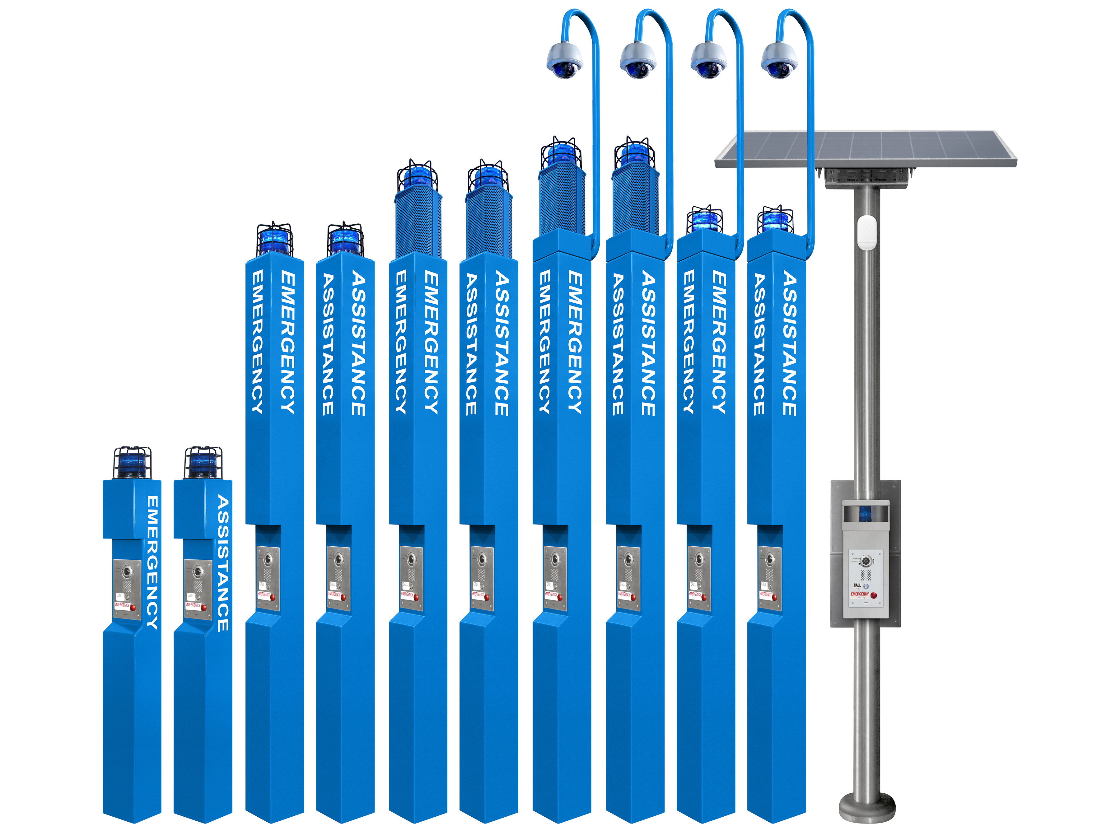 blue light emergency towers with camera arms, speakers, and lettering